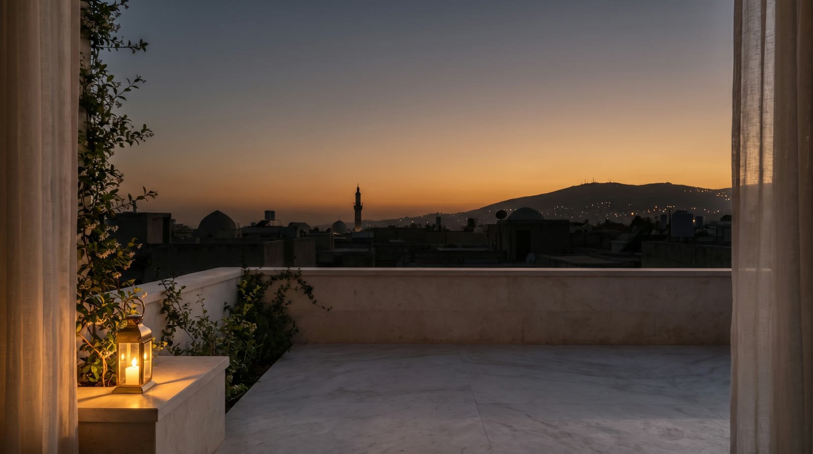A rooftop terrace at dusk above the old city of Damascus