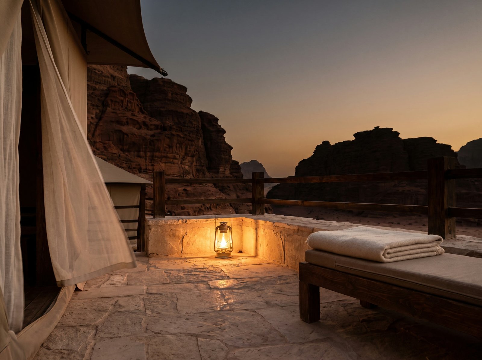 Wadi Rum at last light from a private camp terrace, one lantern on the rail